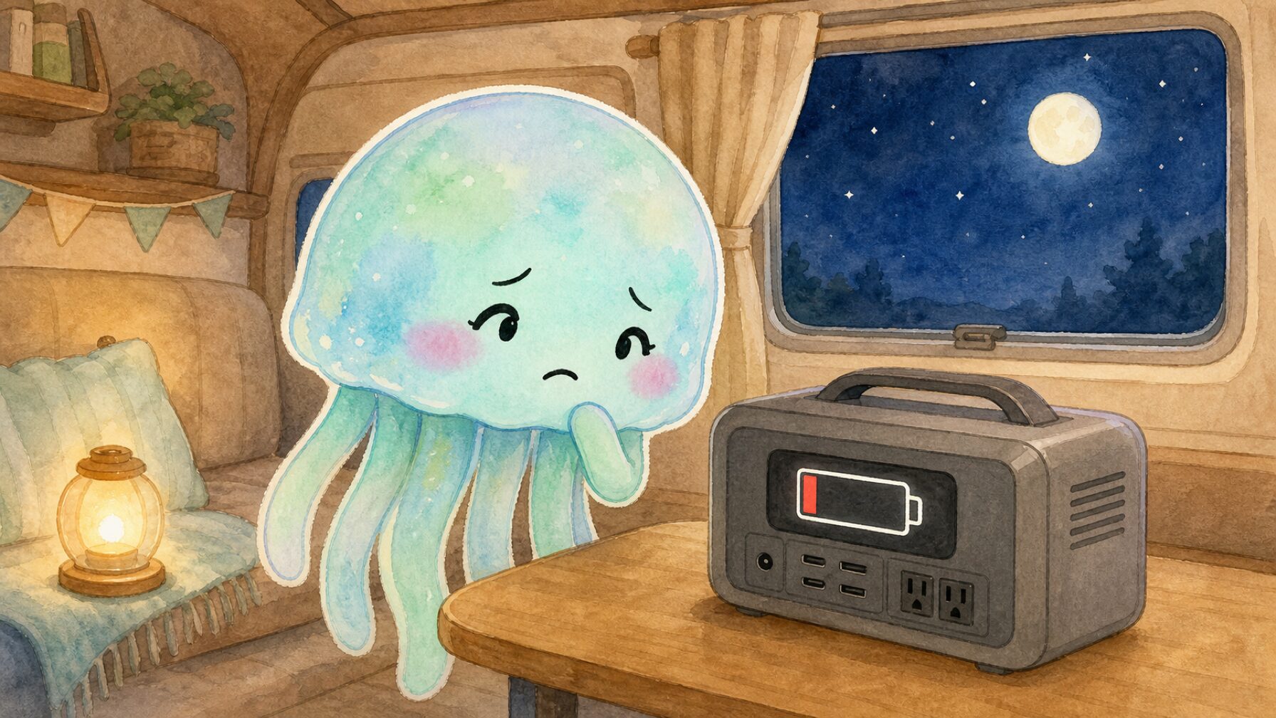 夜の車中泊でポータブル電源を使う家族