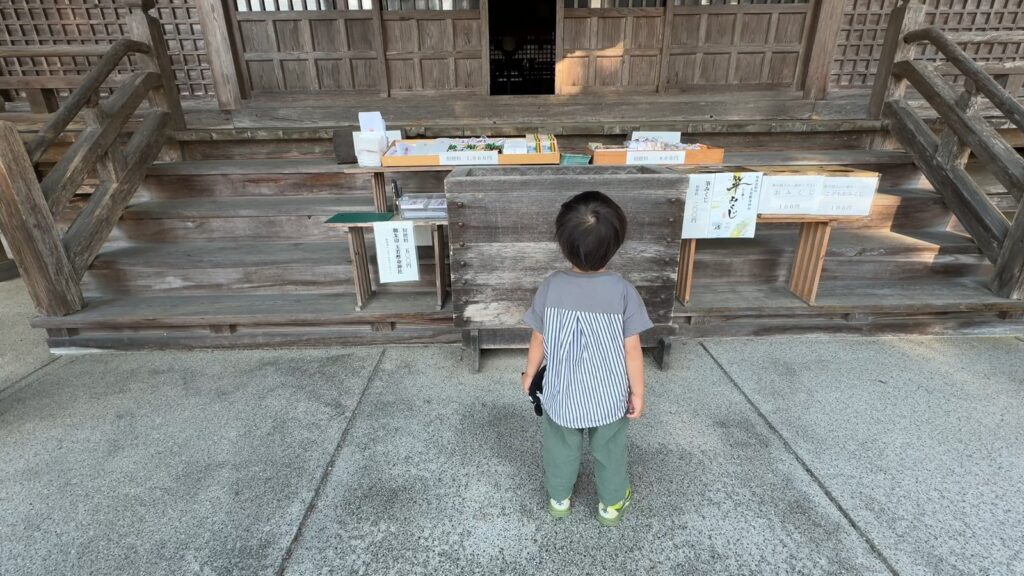 お賽銭を入れて神様を探す3歳児