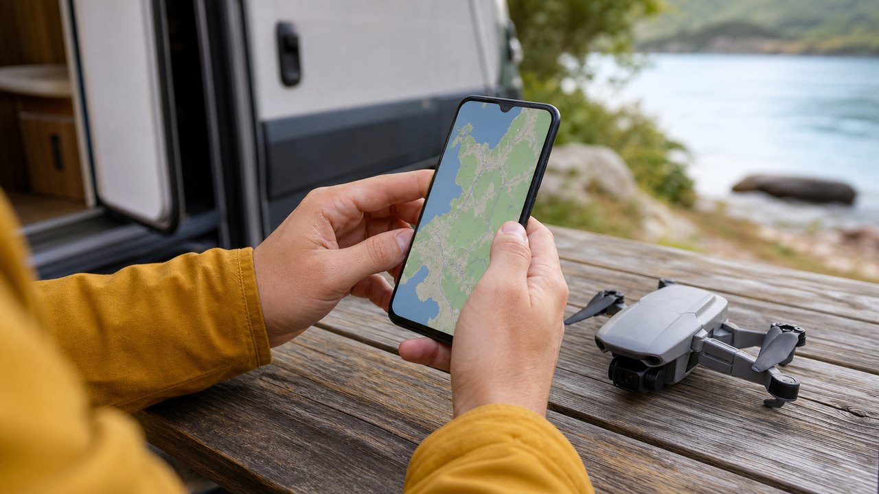 スマホの地図アプリでドローンの飛行ルールを確認する手元