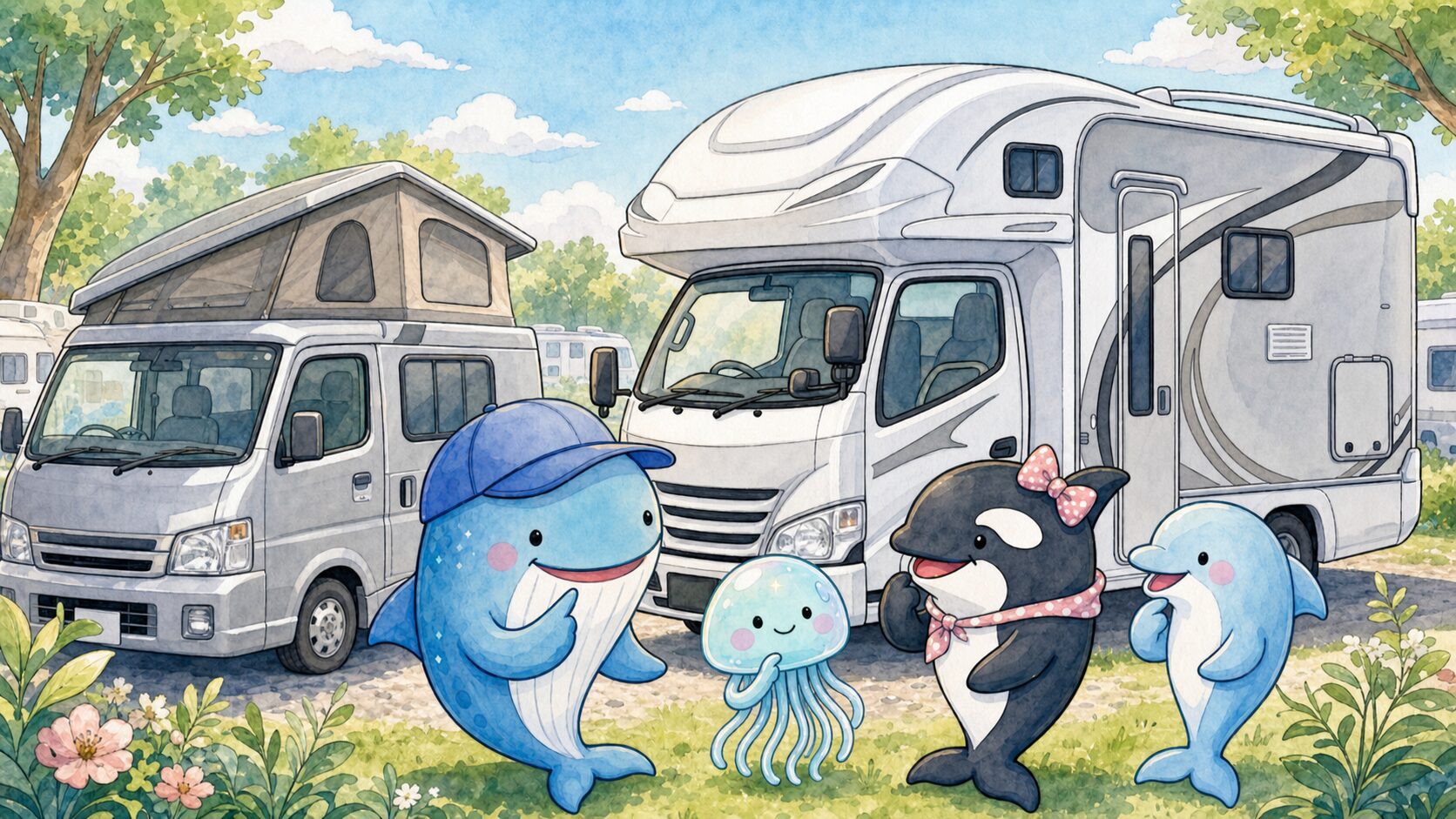クラゲファミリーがキャンピングカーを比較する水彩イラスト