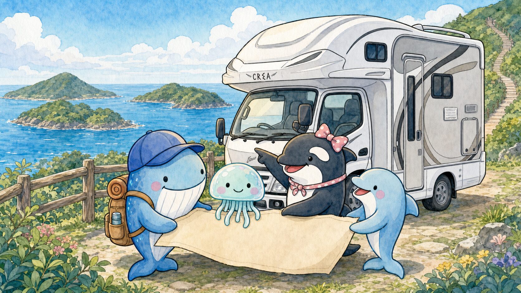 クラゲファミリーが家族旅の行き先を探す水彩イラスト