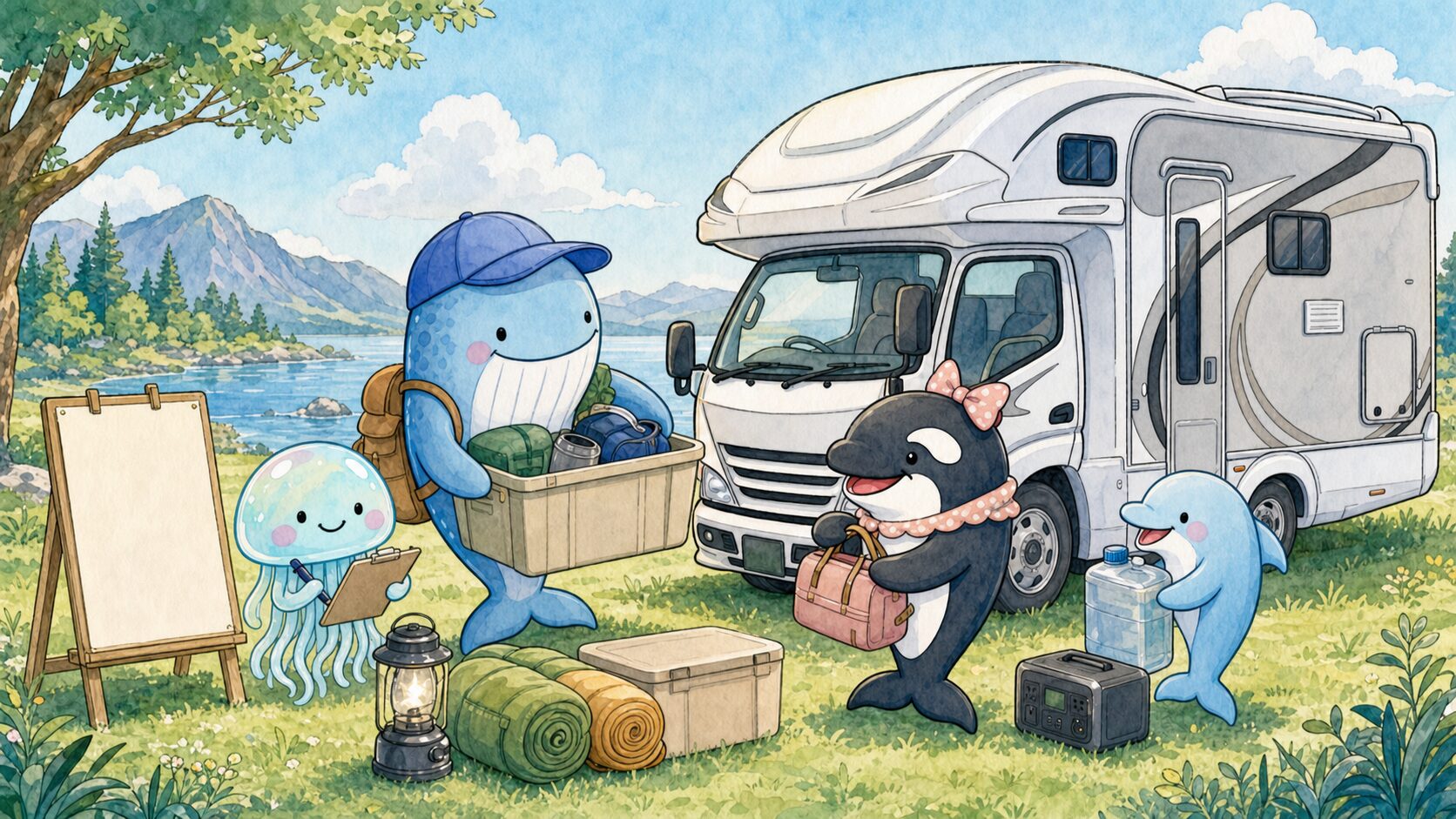 クラゲファミリーが車中泊の準備をする水彩イラスト