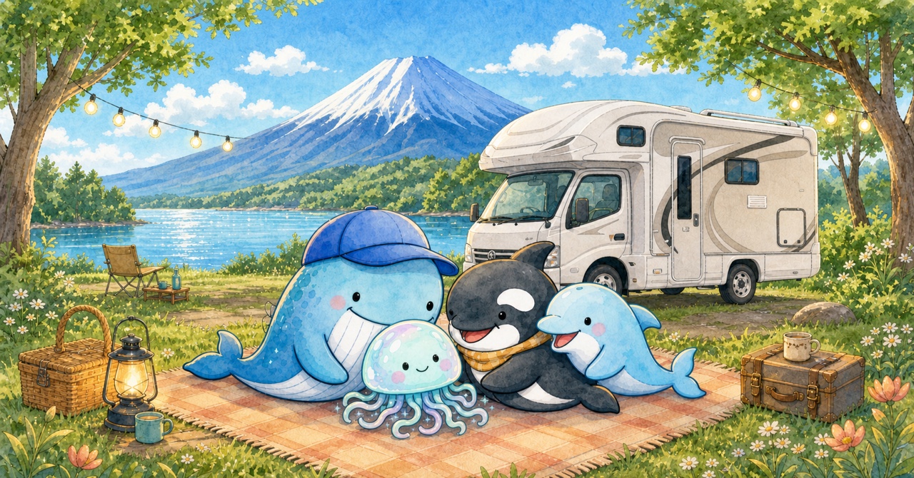 富士山とキャンピングカーと海の家族キャラクター