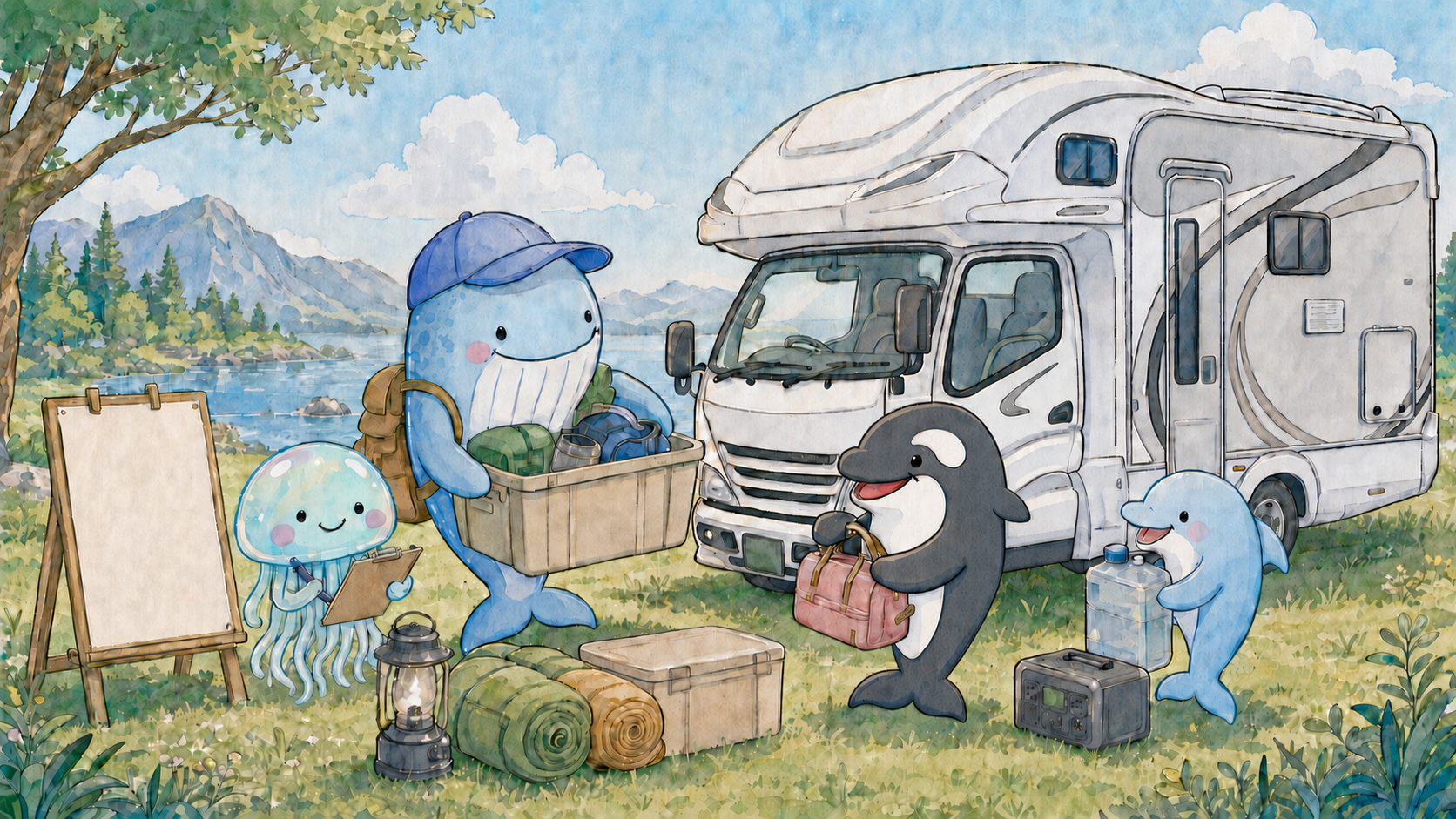 キャンピングカーの前で車中泊の準備をする家族の水彩イラスト