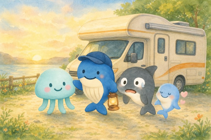 朝のキャンピングカーの前に集まるクラゲママ家族