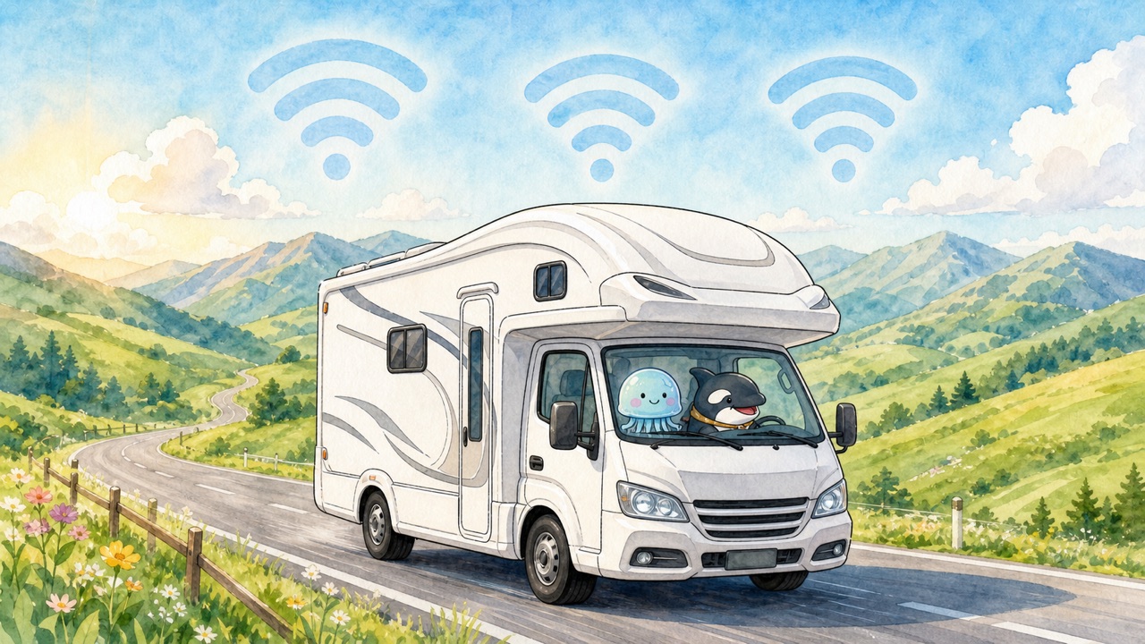 旅先でモバイルWiFiがつながるイメージ