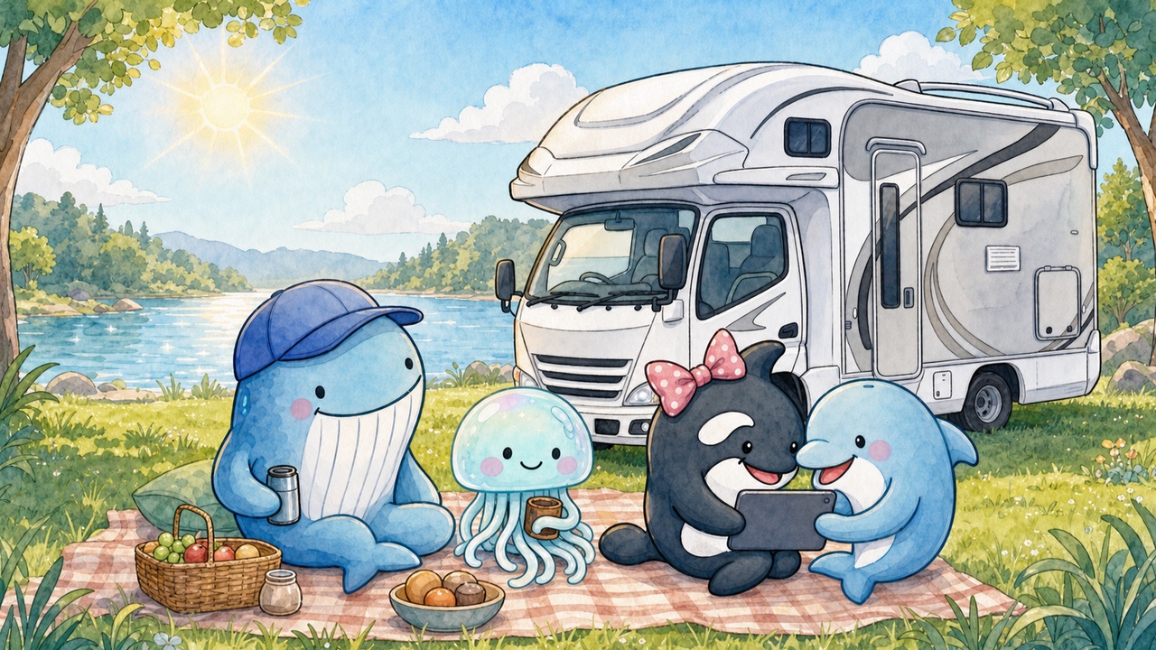 湖畔のキャンピングカーでネットを楽しむ家族