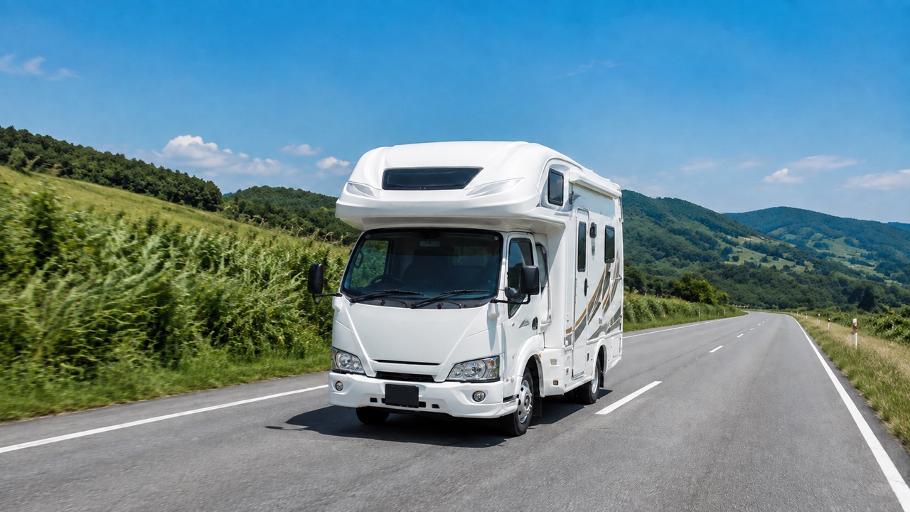 田園の道を走る白いキャブコンタイプのキャンピングカー