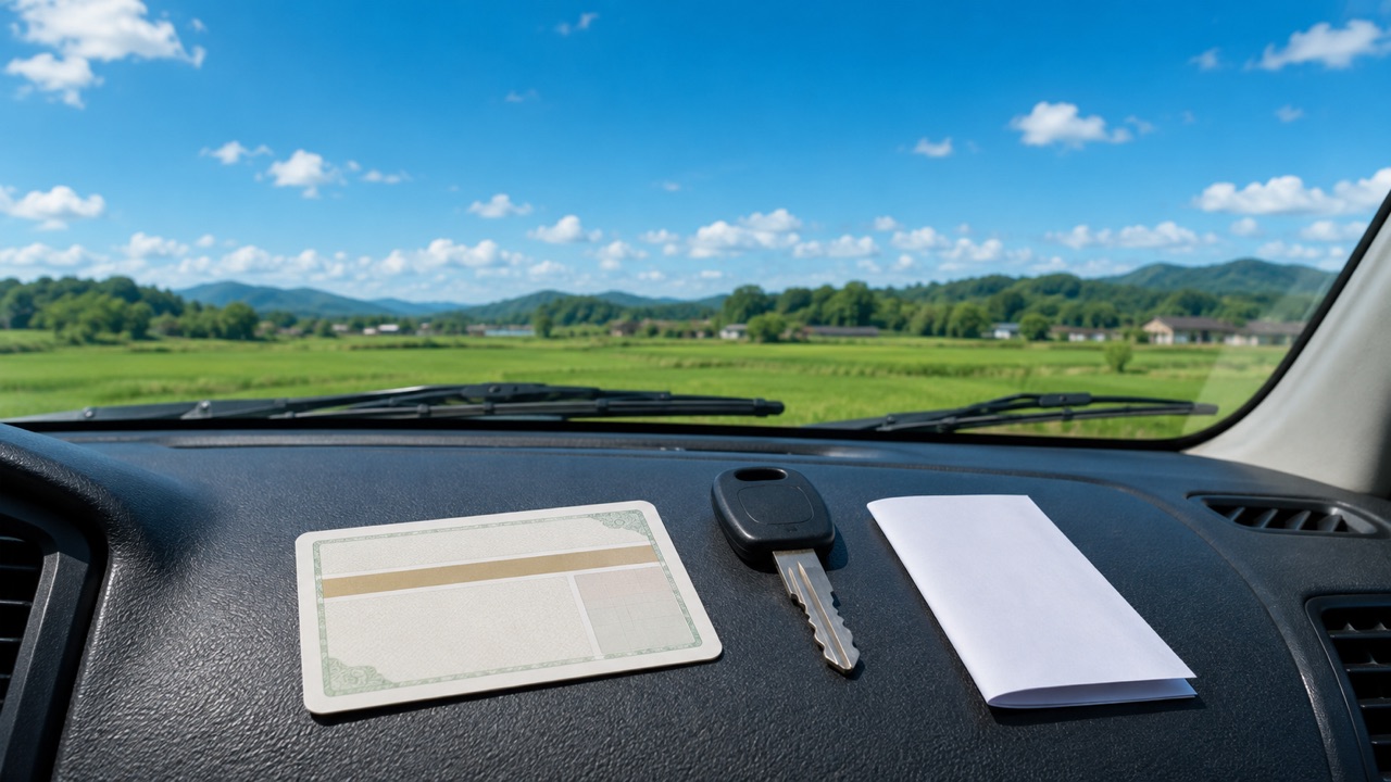 キャンピングカーのダッシュボードに置いた運転免許証と車のカギ