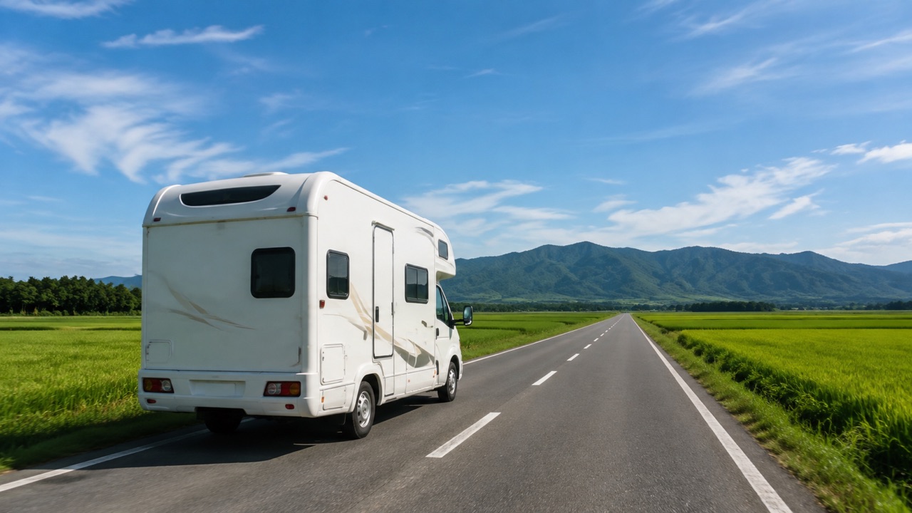 田んぼの間の一本道を走り去るキャンピングカー