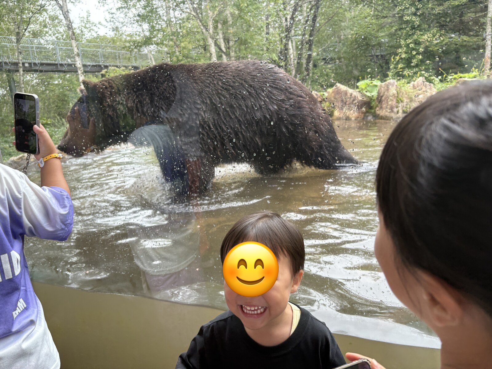ヒグマを見てにっこりの息子