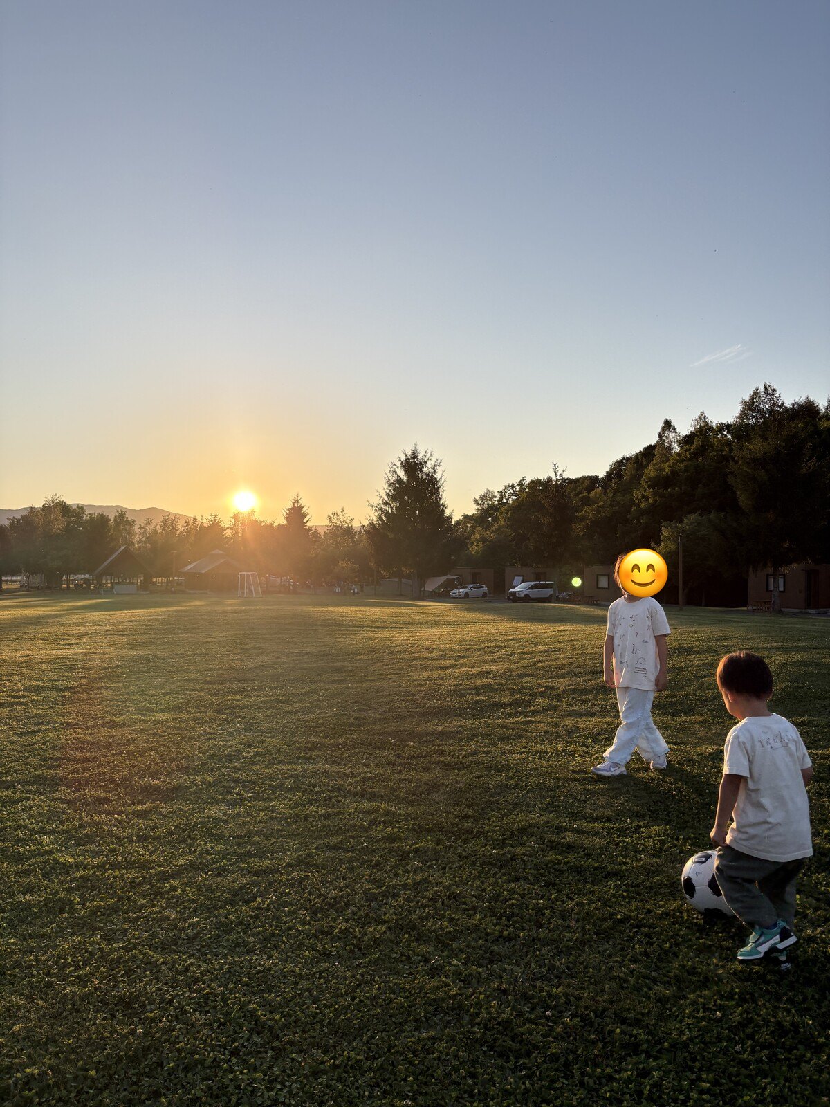 夕日の芝生でボール遊び