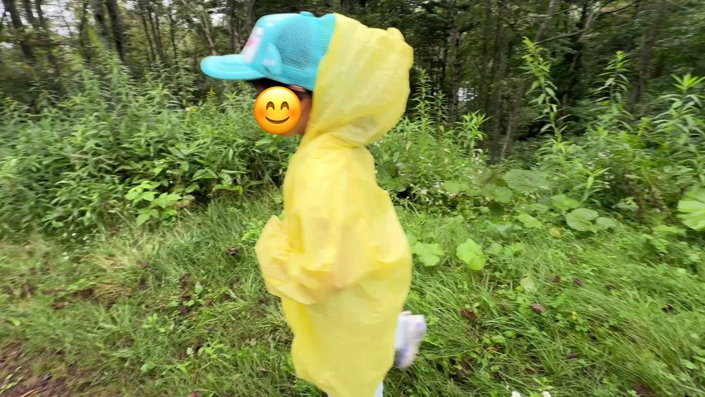雨がっぱで森の道を歩く