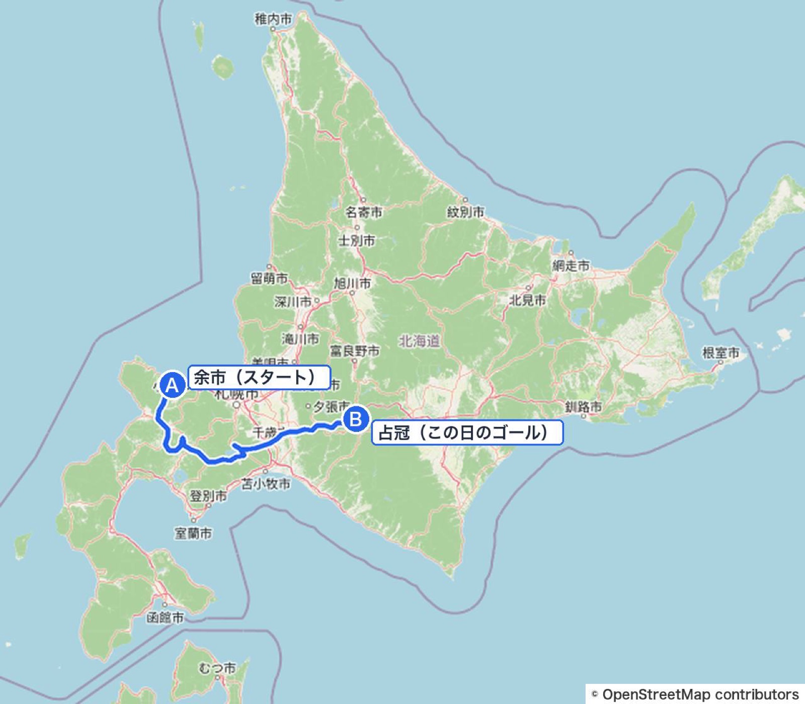 北海道の全体図この日は余市から占冠へ