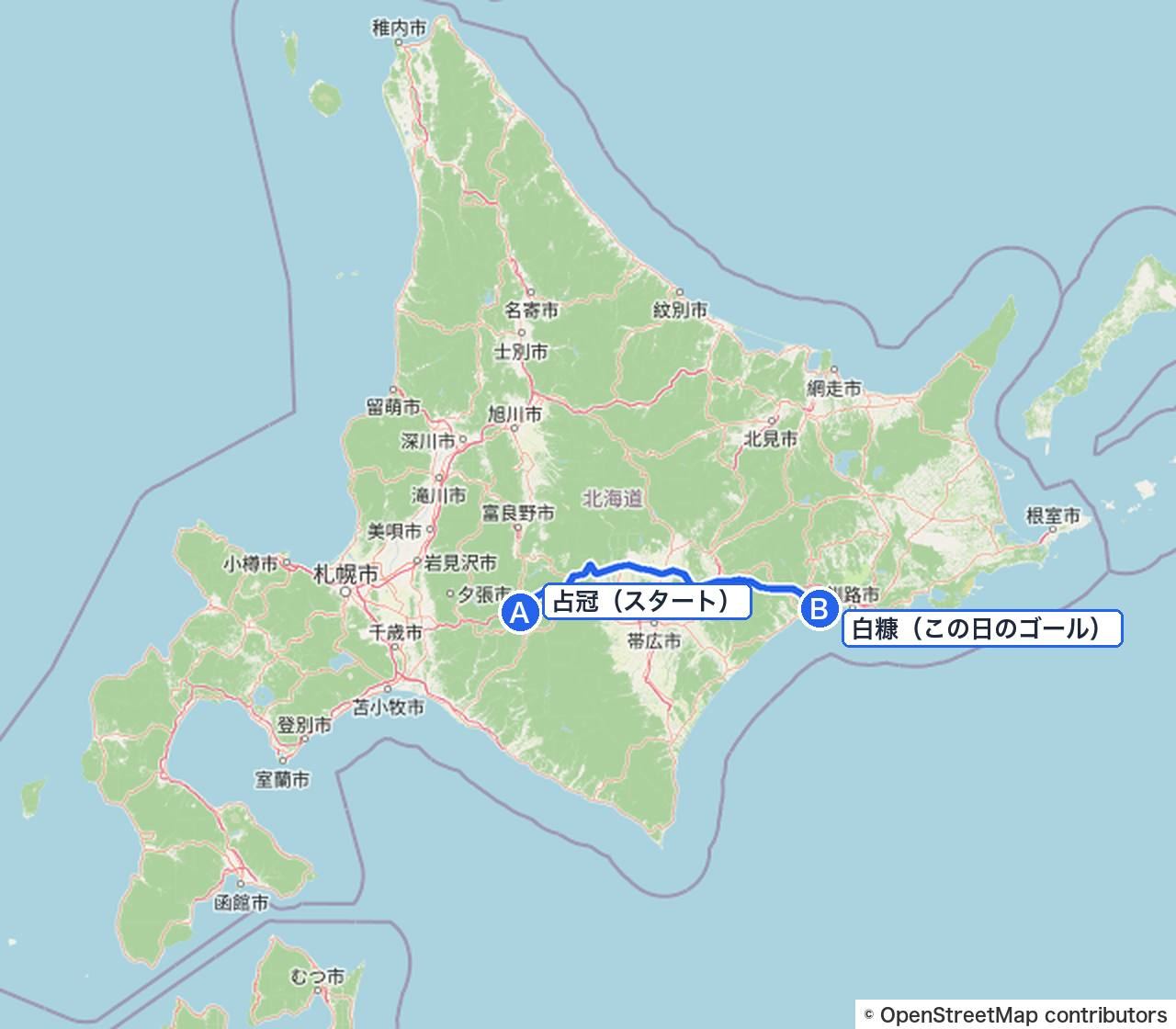 北海道の全体図（この日は占冠から白糠へ）