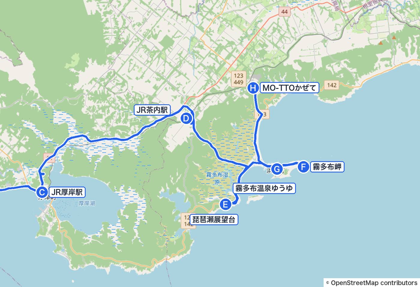 8/15の道のり（厚岸〜浜中の拡大図）