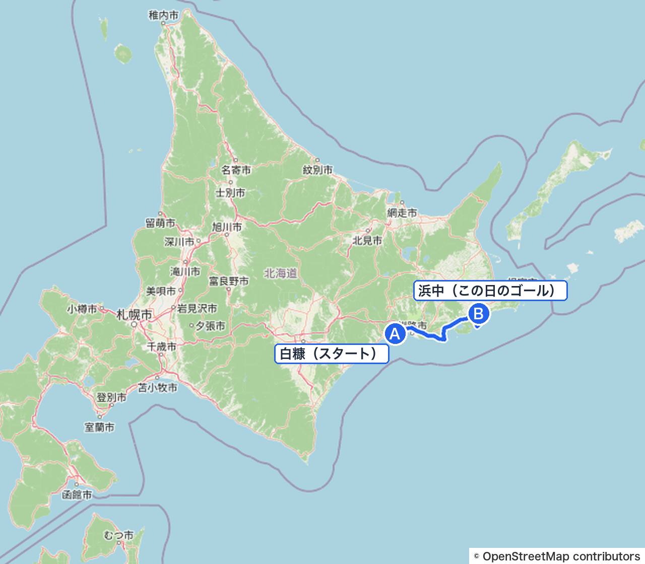 北海道の全体図（この日は白糠から浜中へ）