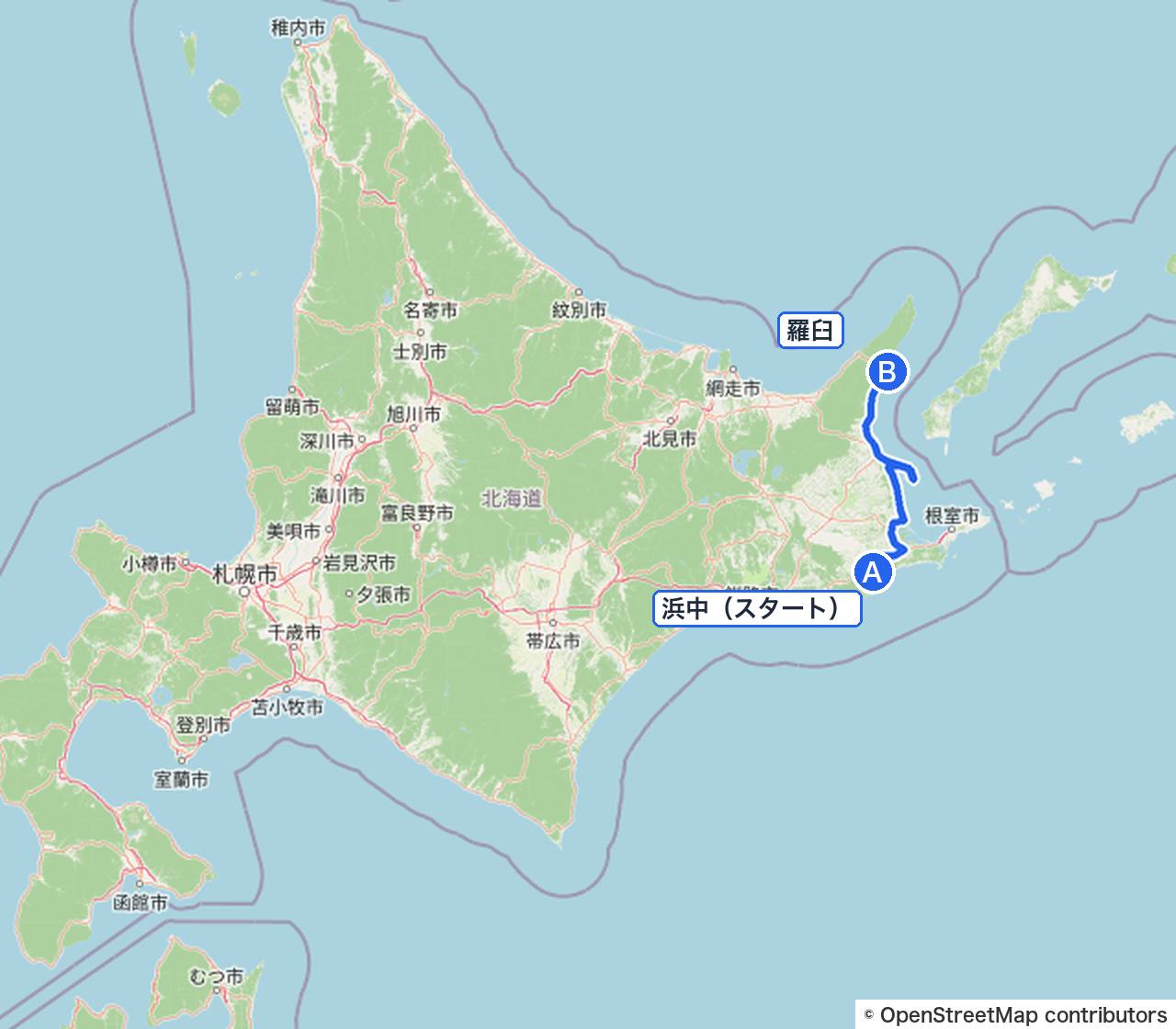 北海道の全体図(この日は浜中から羅臼へ)