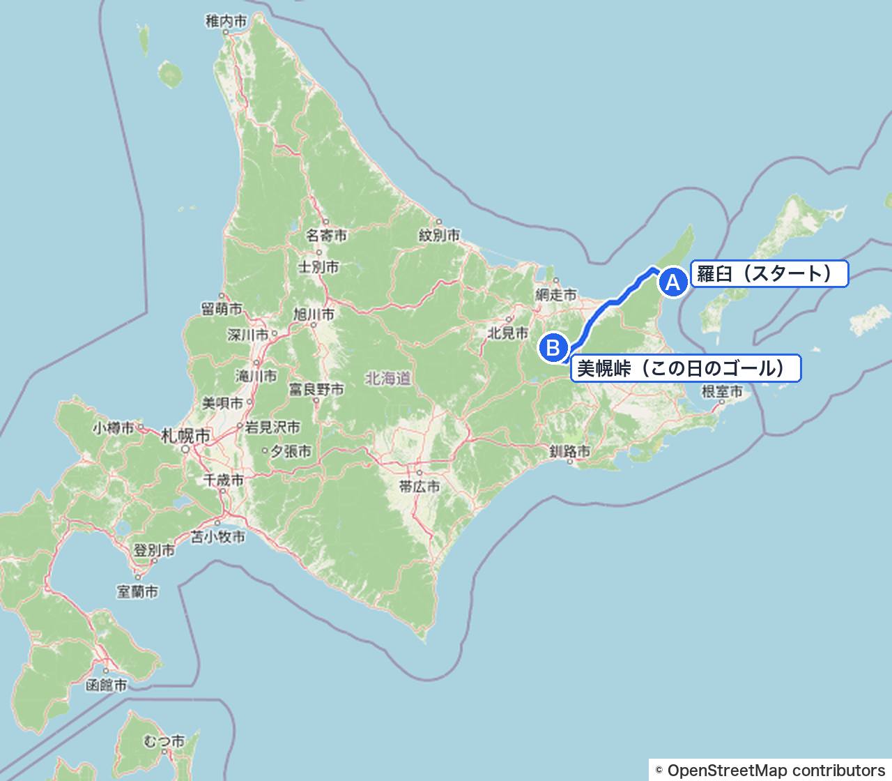 北海道の全体図（この日は羅臼から美幌峠へ）