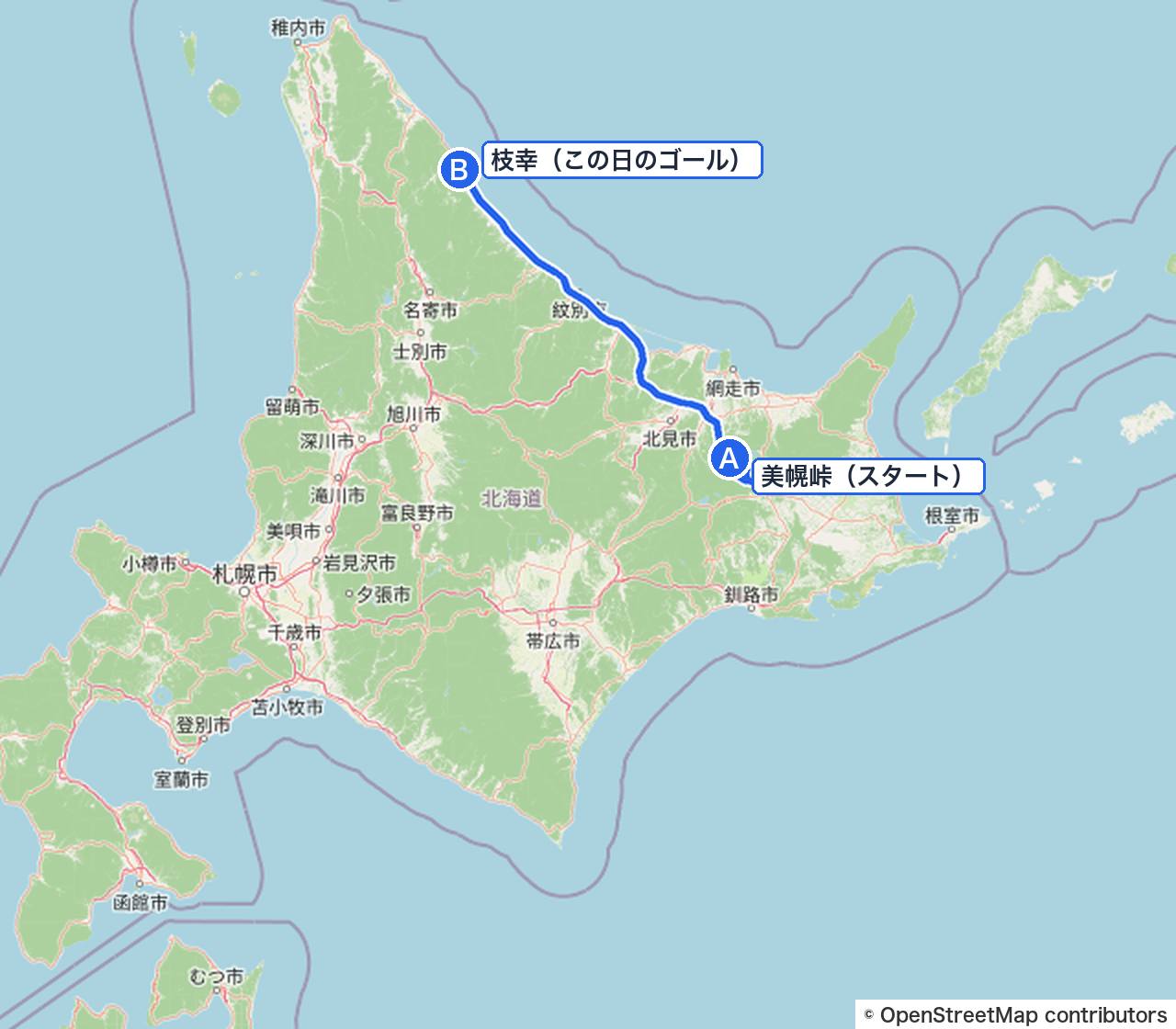 北海道の全体図（この日は美幌峠から枝幸へ）