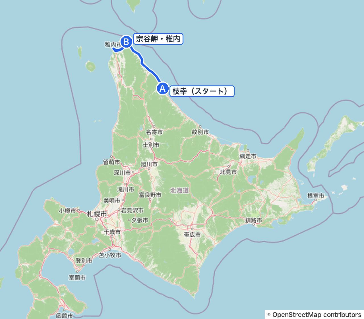 北海道の全体図（この日は枝幸から稚内へ）