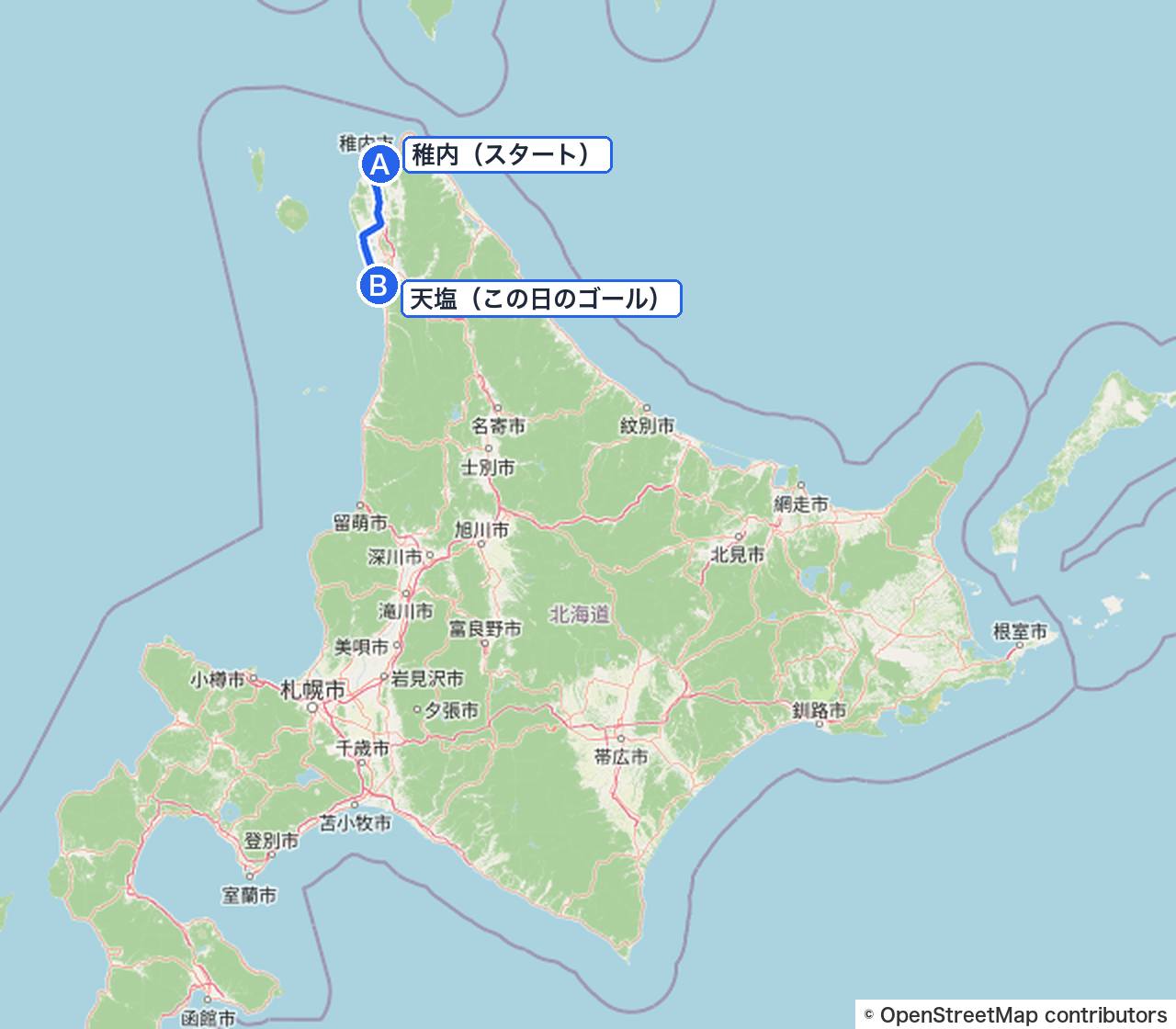 北海道の全体図（この日は稚内から天塩へ）