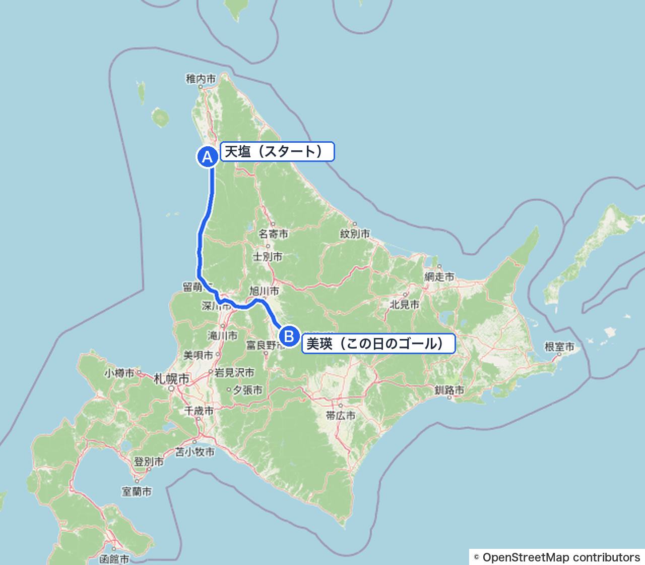 北海道の全体図(この日は天塩から美瑛へ)