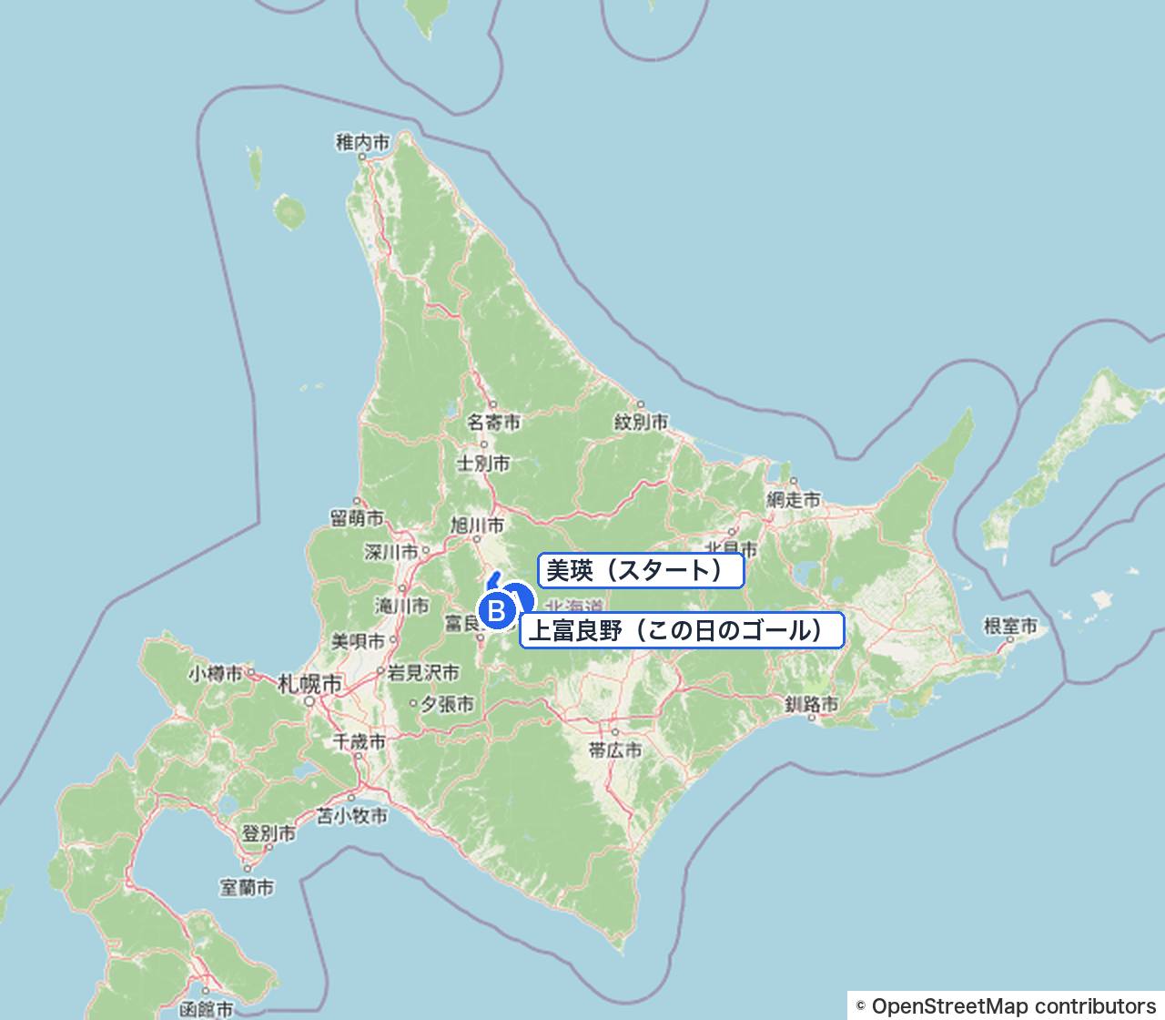 北海道の全体図（この日は美瑛から上富良野へ）