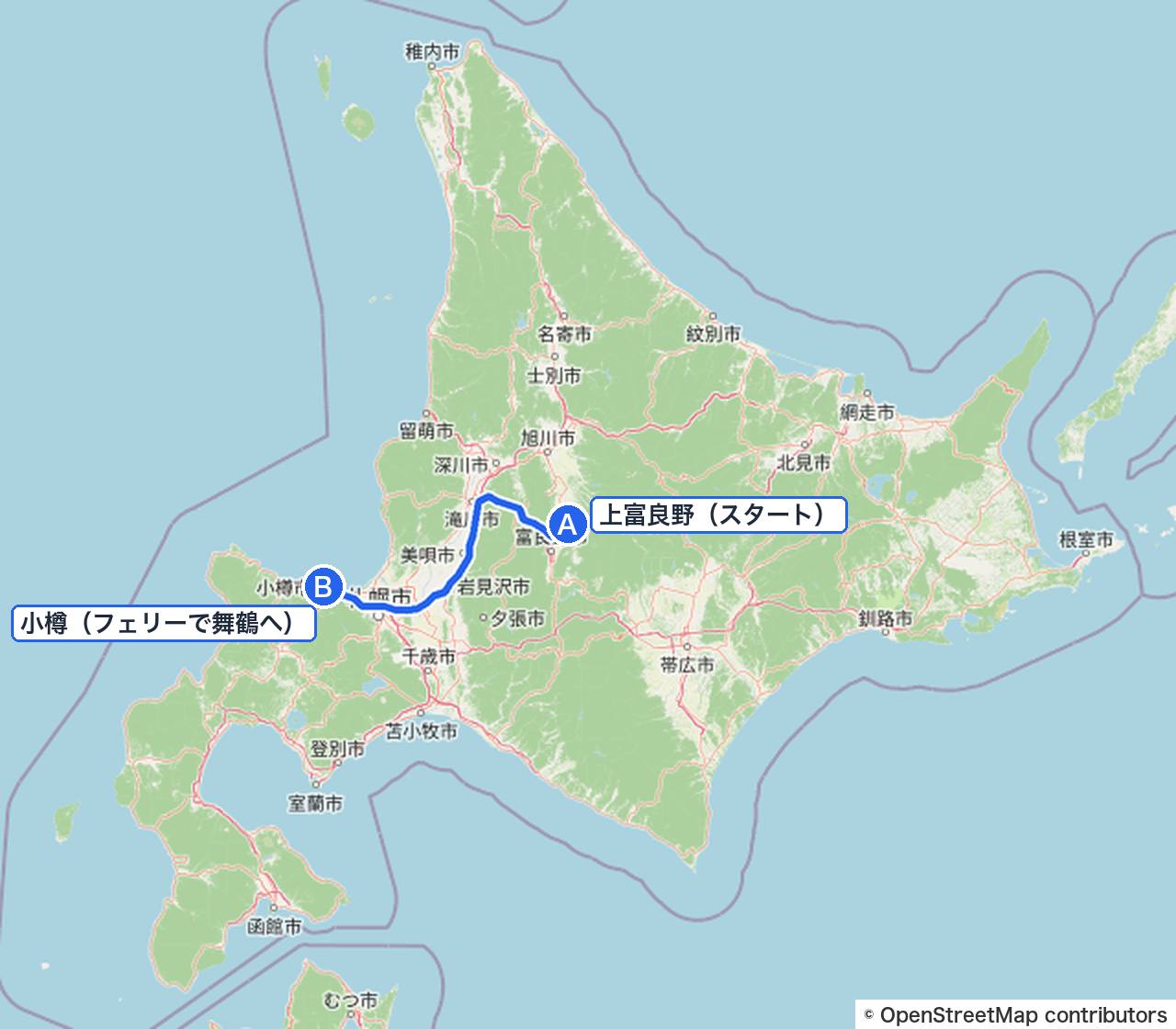 北海道の全体図(この日は上富良野から小樽へ)