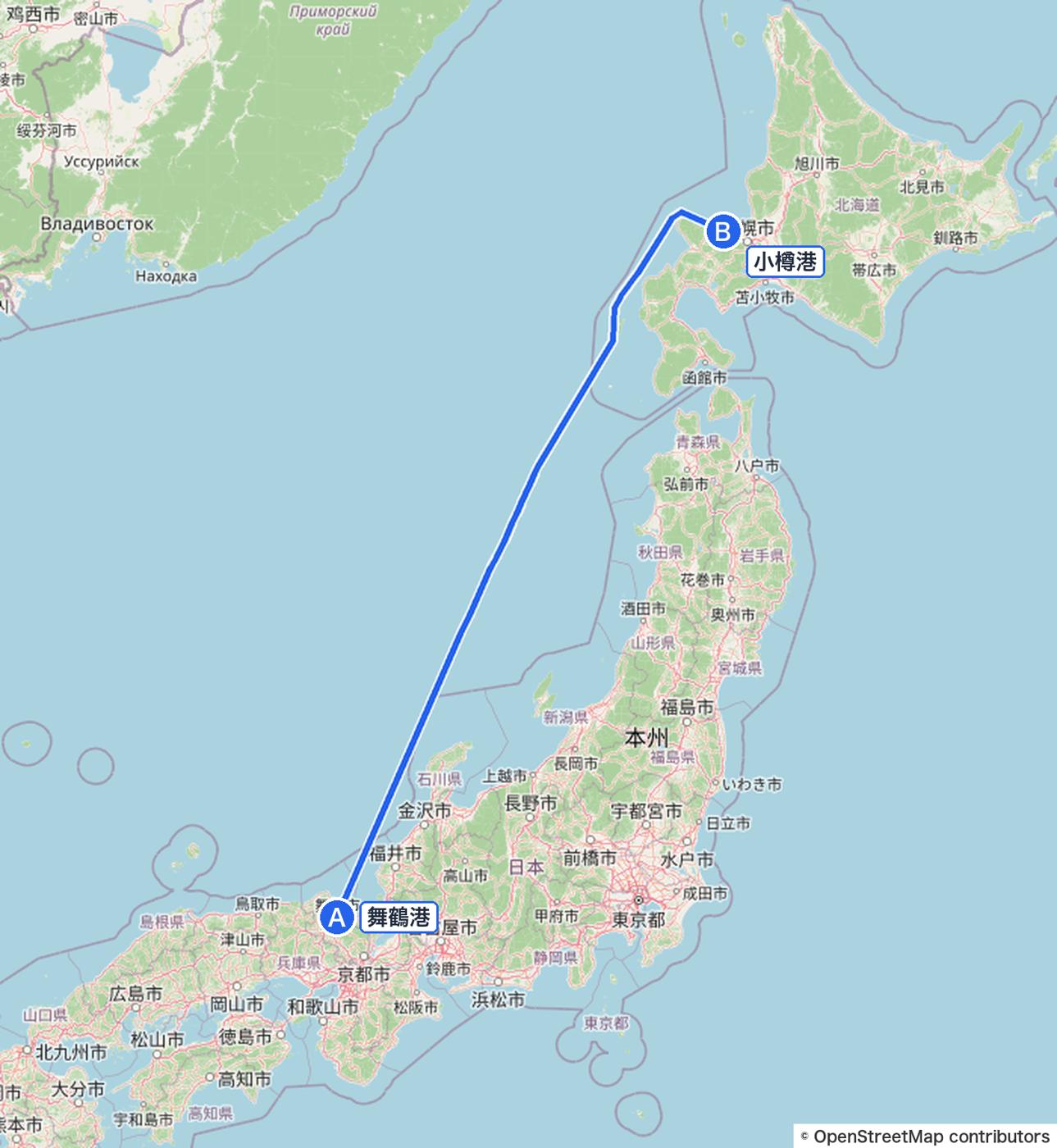 新日本海フェリーけやきの航路。舞鶴港から小樽港までの全体図