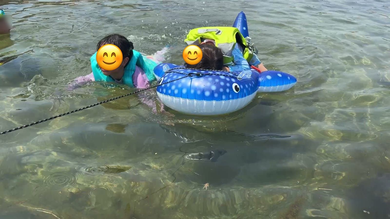 浮き輪のまわりで泳ぐ娘と浮き輪に乗る息子
